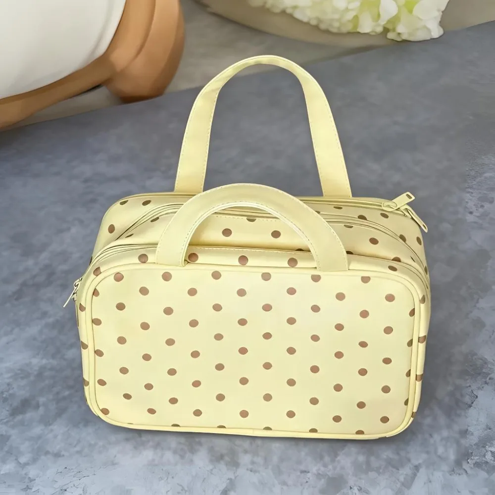 Multifunktionale Polka-Dot-Kosmetiktasche mit großem Fassungsvermögen und Griff, dreilagige PU-Reise-Toilettentasche – Detail 9