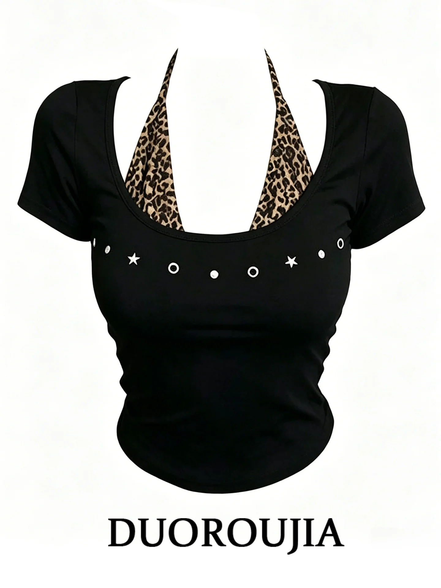 

DUOR plus Size T-Shirt Women's Summer Slimming Short Sleeve Neck Hanging Leopard Print Patchwork Design Korean Style Top