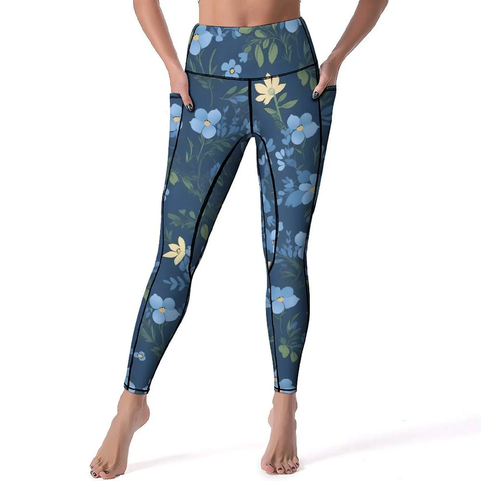 

Beautiful Blue Flower Leggings Floral Print Fitness Yoga Pants Push Up Basic Sports Tights Pockets Stretch Design Yoga Legging