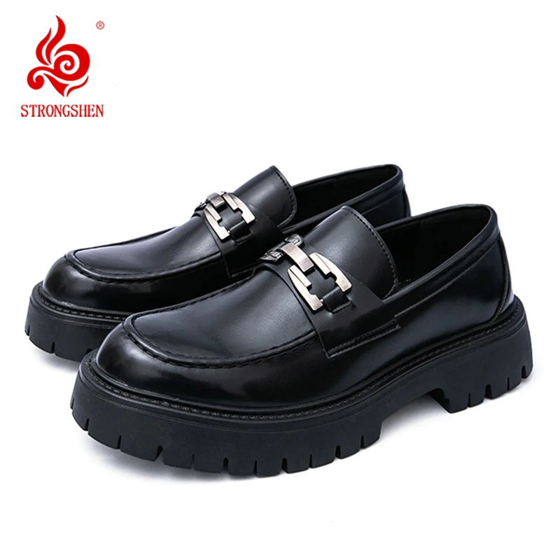 

Men Platform Leather Shoes Loafers Thick-soled Wedding Shoes Metal Buckle Formal Business Shoes Slip-on Non Slip Casual Shoes