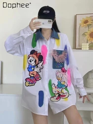 Fashion Brand Cartoon Beaded Rhinestone Shirt for Women 2024 Spring New Street Style Mid-Length Loose Denim Patchwork Shirt