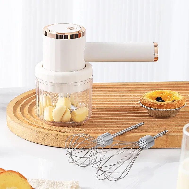 

3 в 1, взбивалка для яиц для выпечки тортов, перемешивания, взбивания крема, USB перезаряжаемая электрическая кухонная измельчитель еды, давилка для чеснока, Рождество