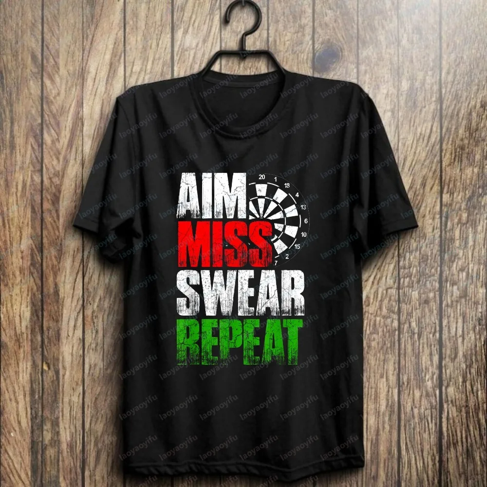 Aim Miss Swear Repeat Print T-Shirt Casual Pub Wear for Darts Lovers Quirky Dart Meme Cotton Tee Funny Vintage Men's Clothing
