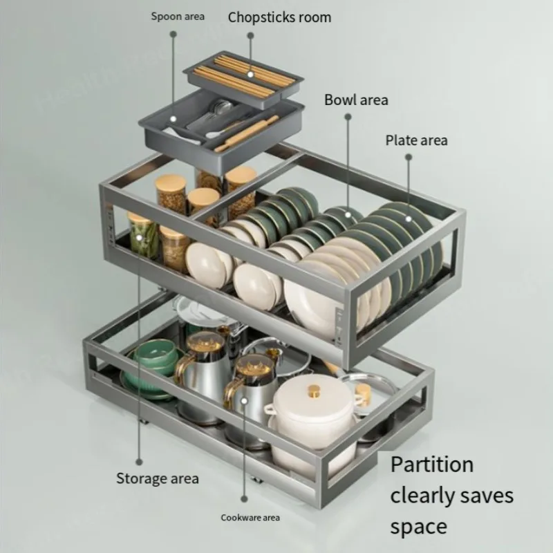 Kitchen cabinet 304 stainless steel double-layer drawer type dish rack and cabinet bowl basket