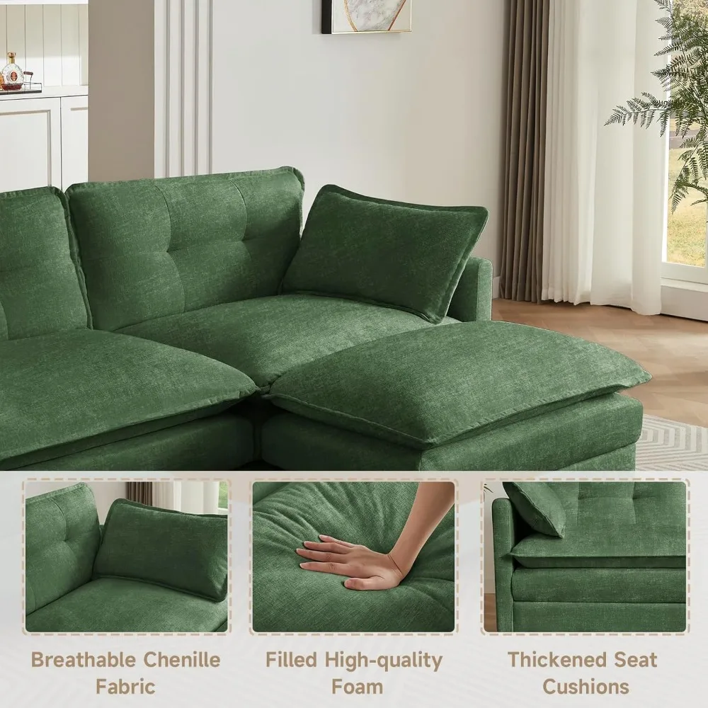 أريكة مقطعية من الشنيل على شكل حرف U، أريكة مريحة بثلاثة مقاعد 111.5 مع مسندين متحركين لغرفة المعيشة