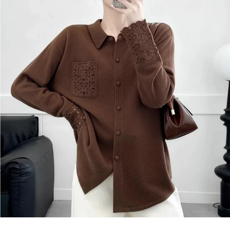 Autumn Winter Hollow Out Pockets Solid Elegant Blouse Long Sleeve Neck Loose Vintage Shirts Office Fashion Women Clothing