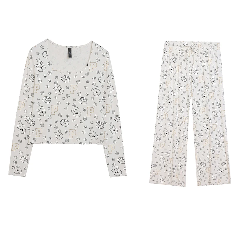 Comfortable Soft Cotton Blend Long Sleeve round Neck Sleepwear Set Youthful Cartoon Print Loose Fit Straight Leg Sleep Trousers