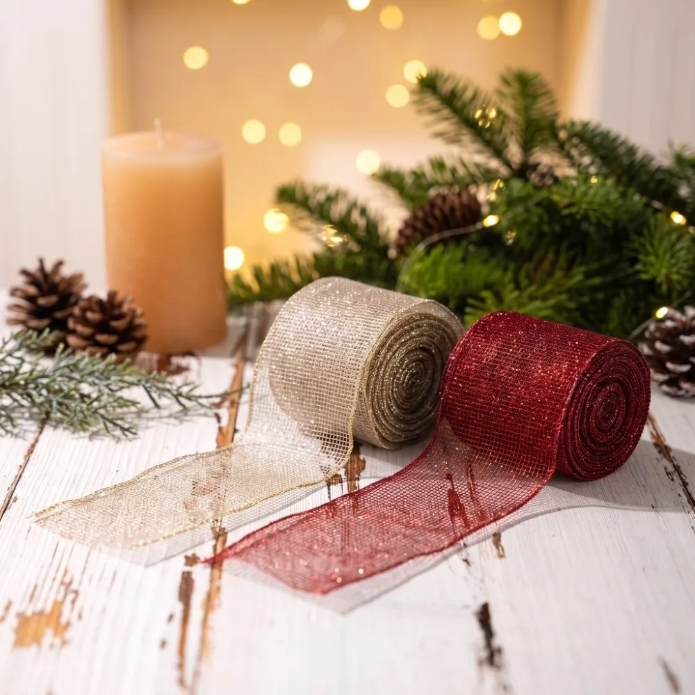 2.5in Wide Christmas Tree Mesh Ribbon 1Roll 179.13in Fish Tail Burlap Christmas Tree Decorations Bowknot Material Wavy Binding