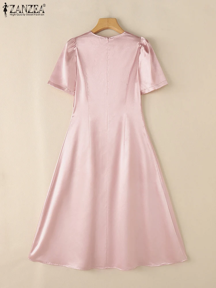 Elegant ผู้หญิงทํางาน OL ชุด 2025 ZANZEA ฤดูร้อนชุดสายสั้นพัฟแขนซาติน Sundress เอว Glossy Vestido Robe