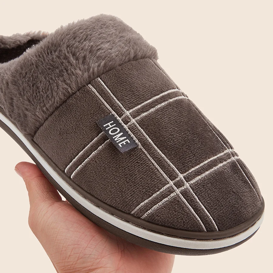 Pmoiste Men Soft Flannel Flu Plaid House Slippers Comfortable Memory Foam TPR Cushion Warm Living Room Shoes Slip-on Winter