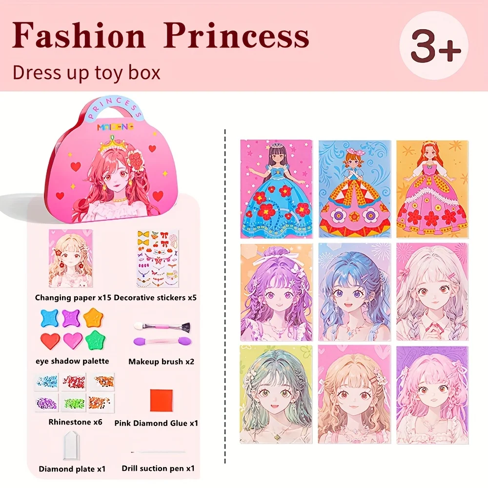 4-in-1-Prinzessin-Make-up und modisches Dress-Up-Spielset – DIY-Papierkunst-Bastelset mit selbstklebenden Aufklebern mit Diamantmalerei – Detail 10