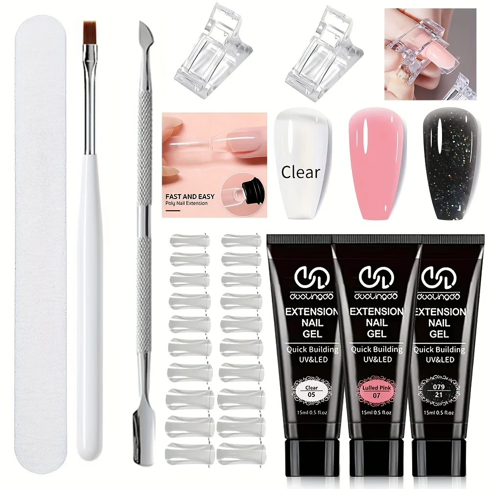 

Poly Gel Nail Kit 3 Colors with Nail Lamp Poly Extension Gel Clear Nude Pink Black Glitter Complete Starter Kit for Beginner DIY