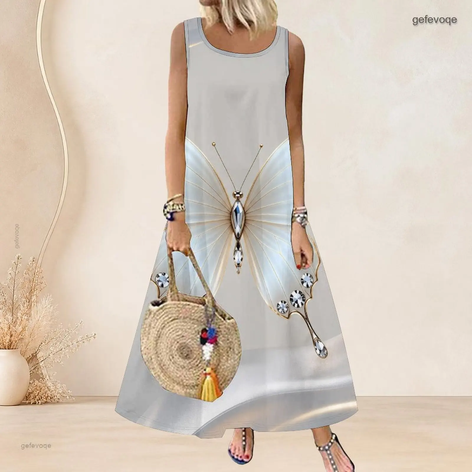 Women Sleeveless Scoop Neck White Base Blue Butterfly Botanical Print A-line Long Dress