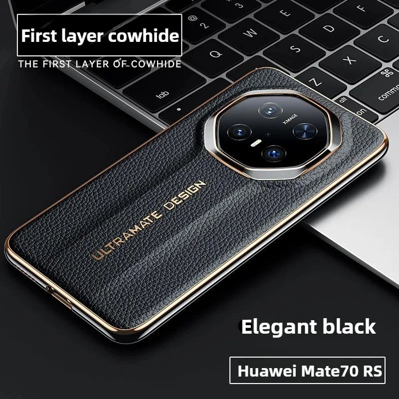 

Genuine Leather Lychee Texture For Huawei Mate70 RS Case Electroplated Black Gold Frame Lens Large Hole Phone Cover
