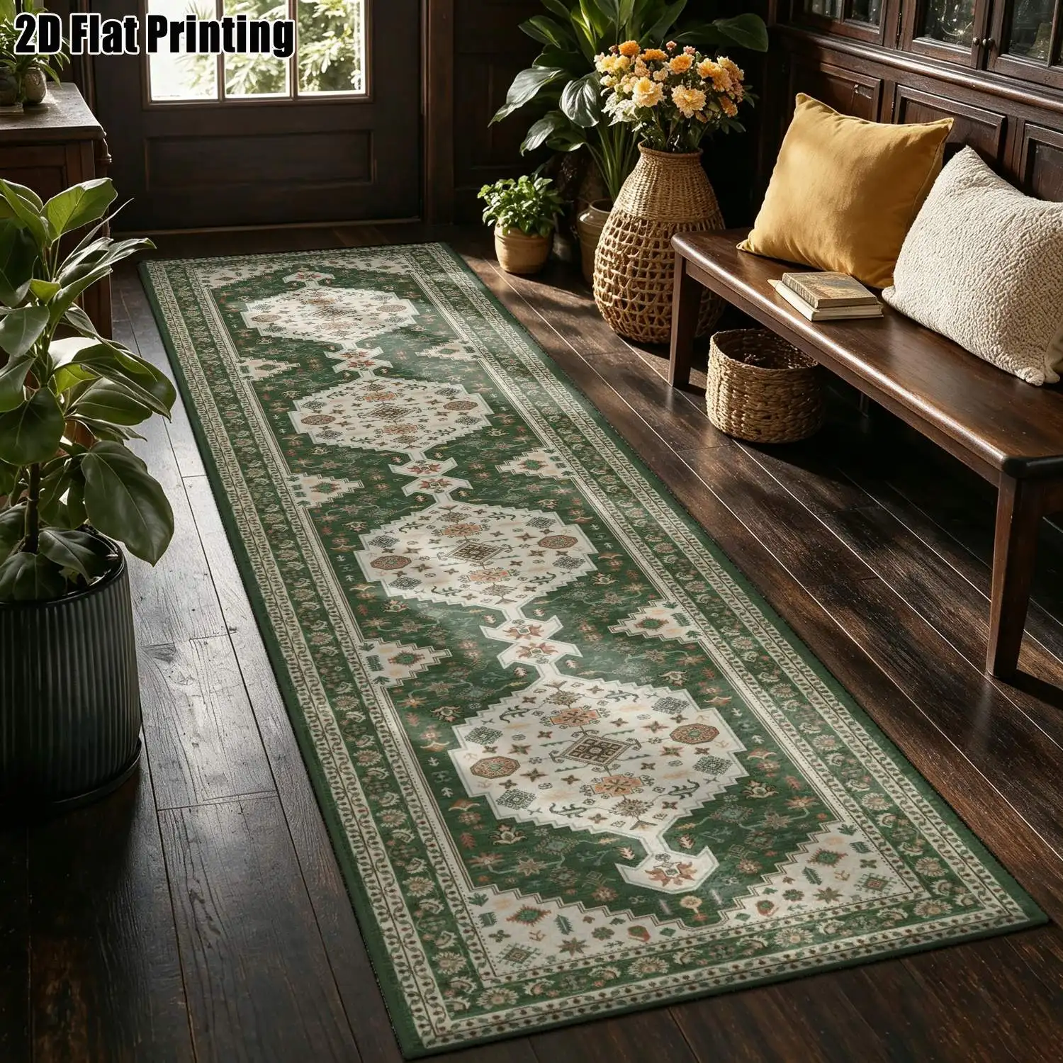1Pc 2D Printed Long Strip Rug: Green Retro Floral, European, Retro, Geometric Striped, Bohemian Styles Multi-Size, Machine-Washable Home Decor for Entrance, Corridor, Living Room, Bedroom.
