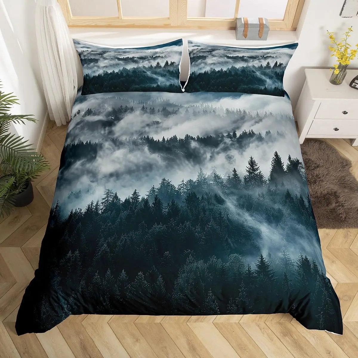 Botanical Tree Duvet Cover Set Full Queen Smoky Mountain Bedding Set Natural Scenery Comforter Cover Rustic Country Quilt Cover