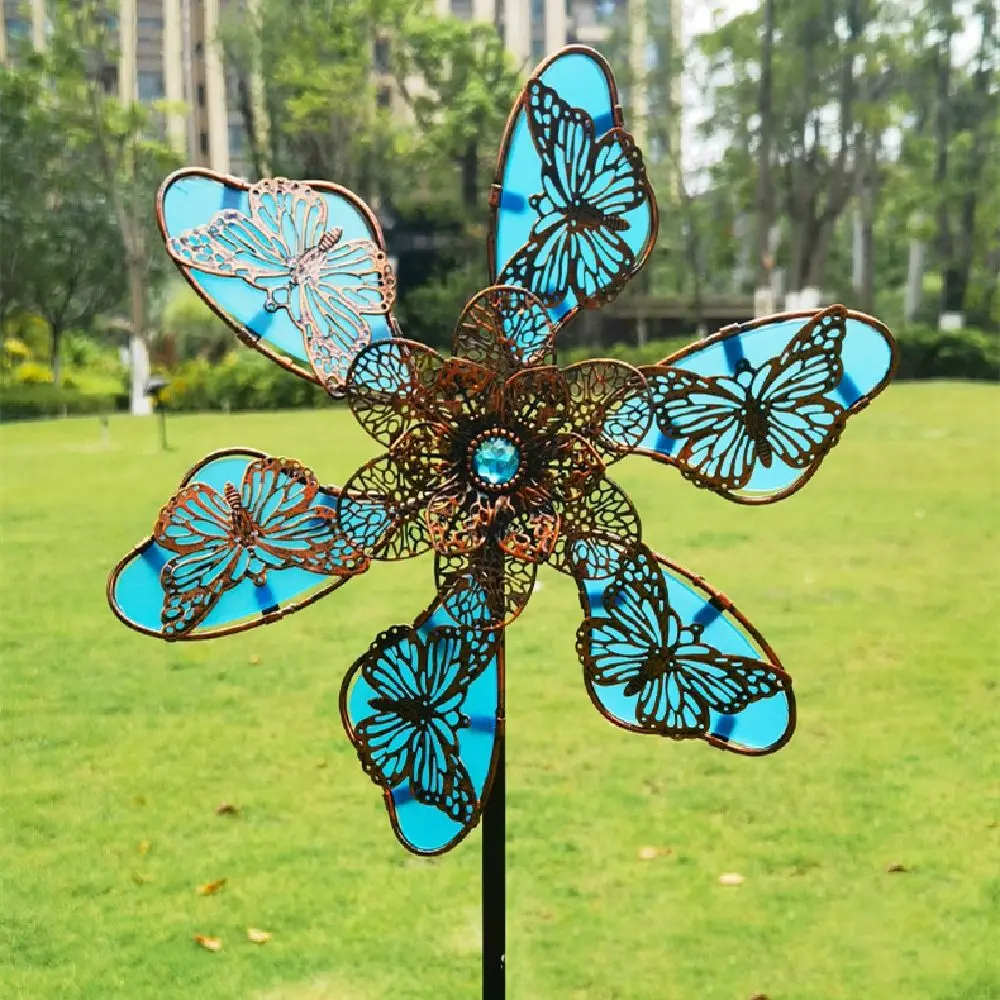 

Metal Windmill Spinner Sculpture Rotating Luminous Effect Gardening Plug Butterfly Pattern Wind Rotator Lawn