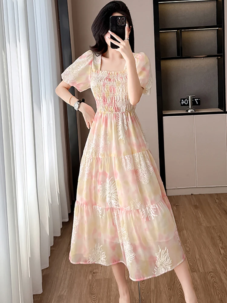 

Women Jacquard Floral Puff Sleeve Square Collar Long Dress 2025 Korean Fashion Elegant Casual Dress Summer Bodycon Holiday Dress