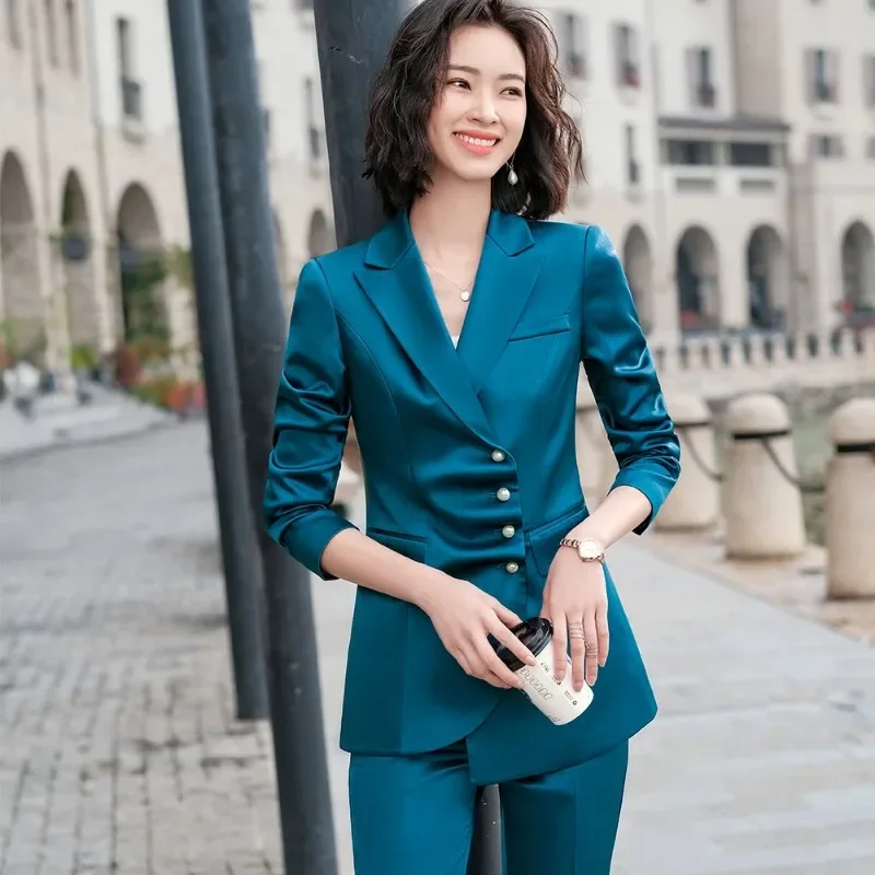 Blazer plissé et pantalon de surintendant pour femme, tenue de bureau, blanc, bleu, noir, ensemble deux pièces formel pour l'été