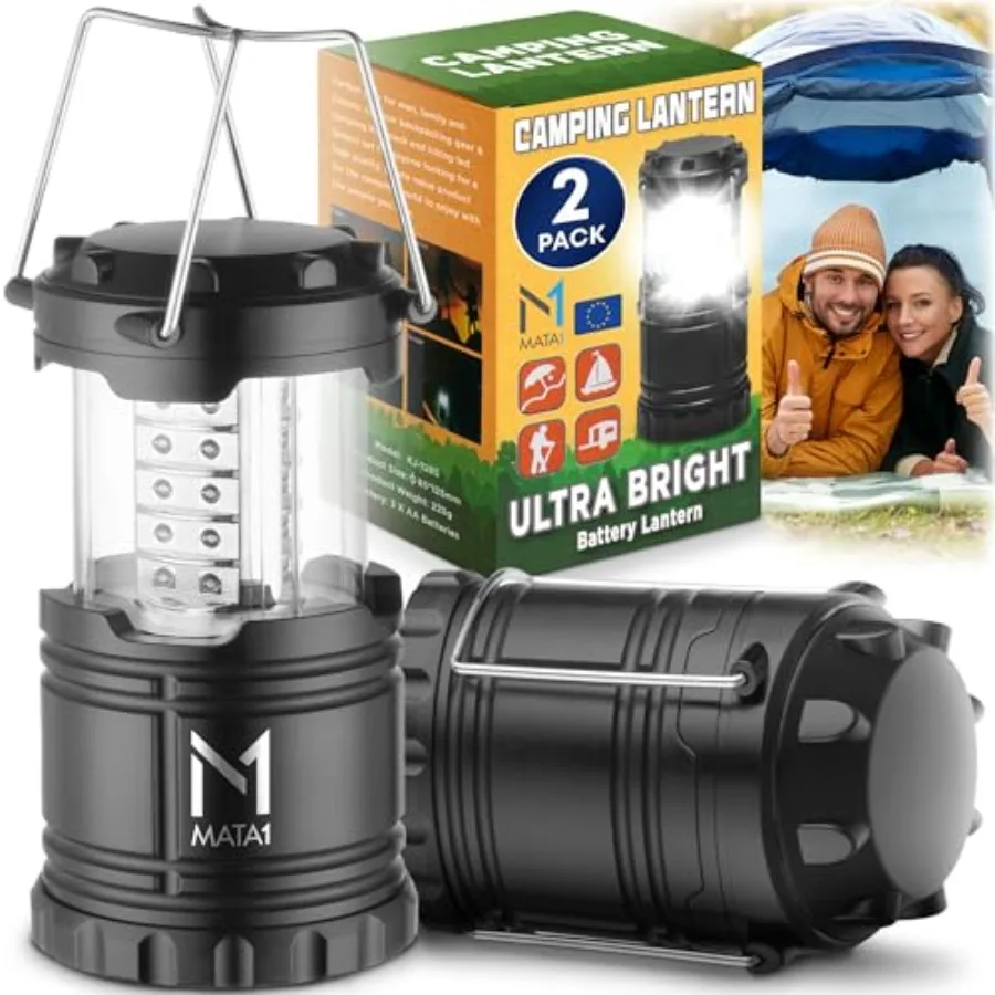 -USA LED Camping Lanterns Black, 2 Pack,Emergency Lights for Power Outages, Long-Lasting Battery-Powered Lights w/ 3 Adjustable