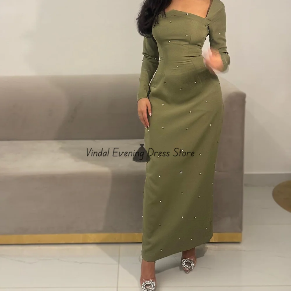 

Vindal Customized Straight Rhinestone Long Sleeves Ankle-Length Square Collar Elegant Luxury Wedding Prom Party Evening Dresses
