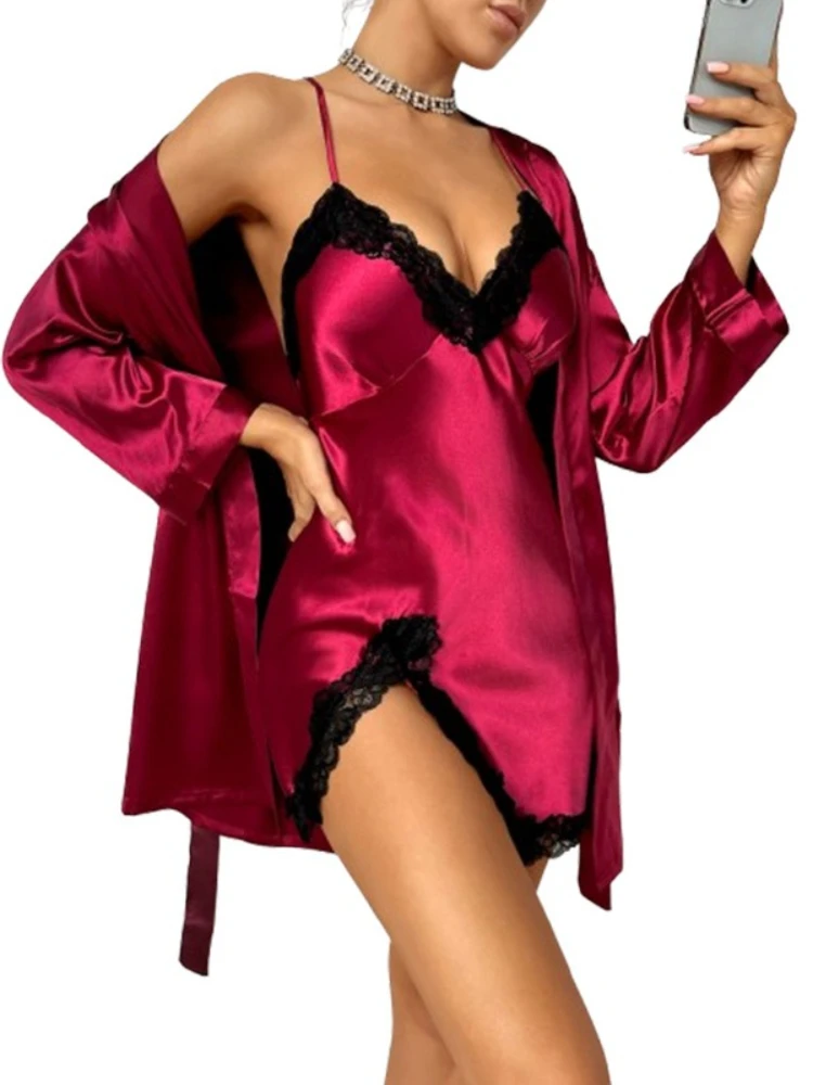 2 Pieces Woman nightgown Sleepwear Pajamas Set With Robe Sexy Lace Lingerie Bathrobe Silk Satin Home Clothed Nightwear Robe