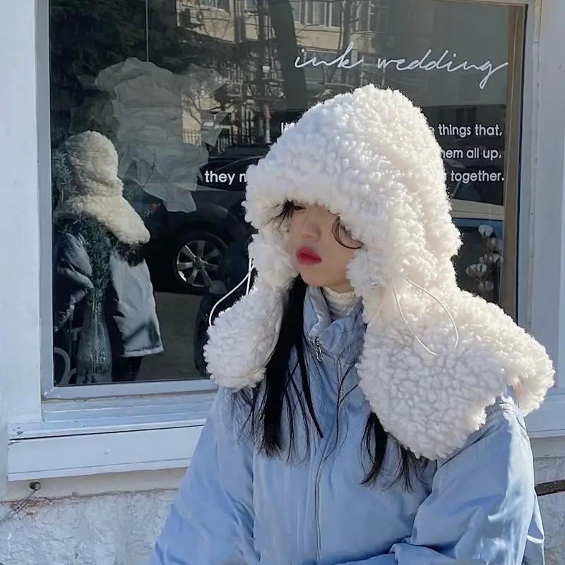 

31BF Lamb Wool Hooded Shawl Thickened Warm Scarf Hat Wool Skin Friendly Windproof