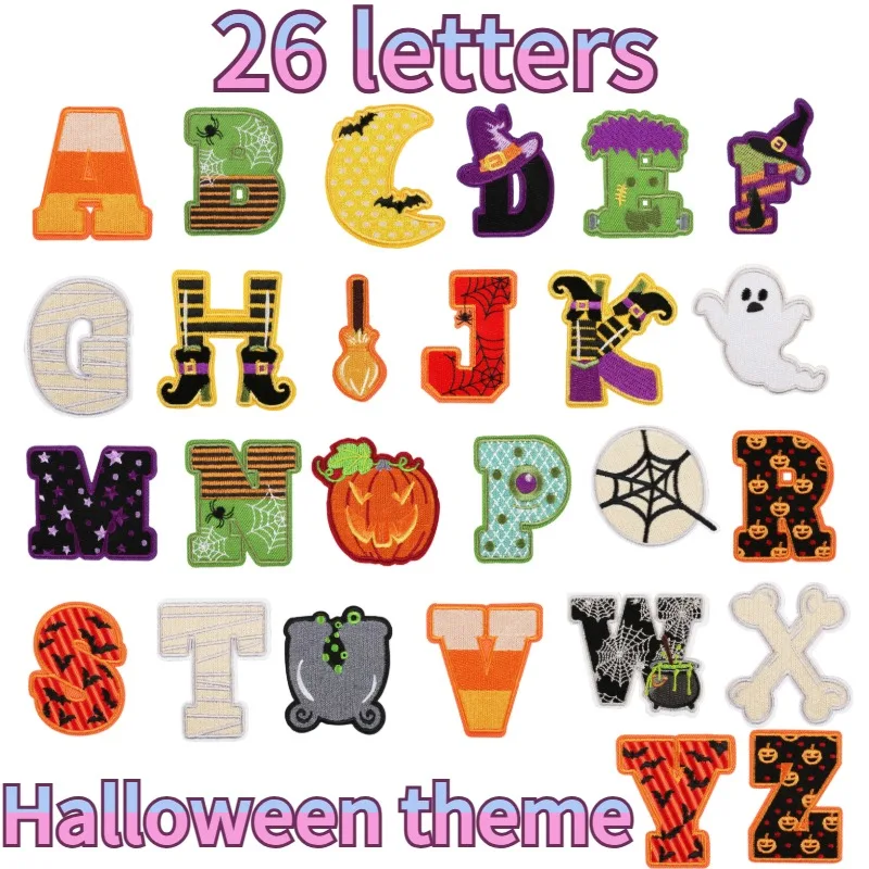 

10PCS 26 English Letters Patch Halloween Theme Wind Embroidery Cloth Sticker Cartoon Ghost Pumpkin Letter Wholesale