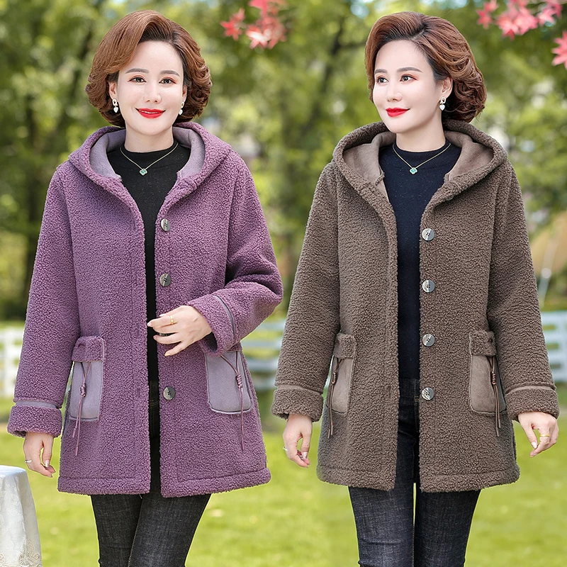 Parkas Middle Aged Women Hooded Clothing Winter Teddy velvet Warm Jacket Women\'s Long Overcoat Outerwear Mother Coat