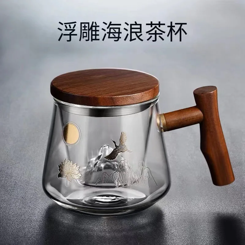 

Heat Resistant Glass Teacup Strainers Wood Handle Lid Chinese Kung Fu Tea Set Ceremony High Boron Silicon Teawear Cups