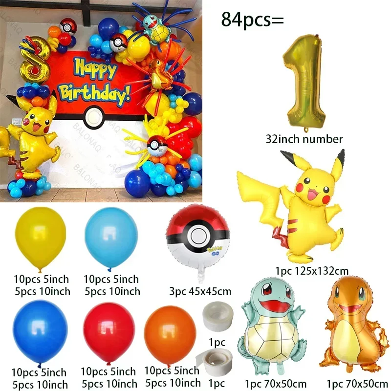 84pcs Pokemon Theme Pikachu Foil Balloon Set 32inch Gold Number 0-9th Children Birthday Party Decorations Baby Shower Supplies