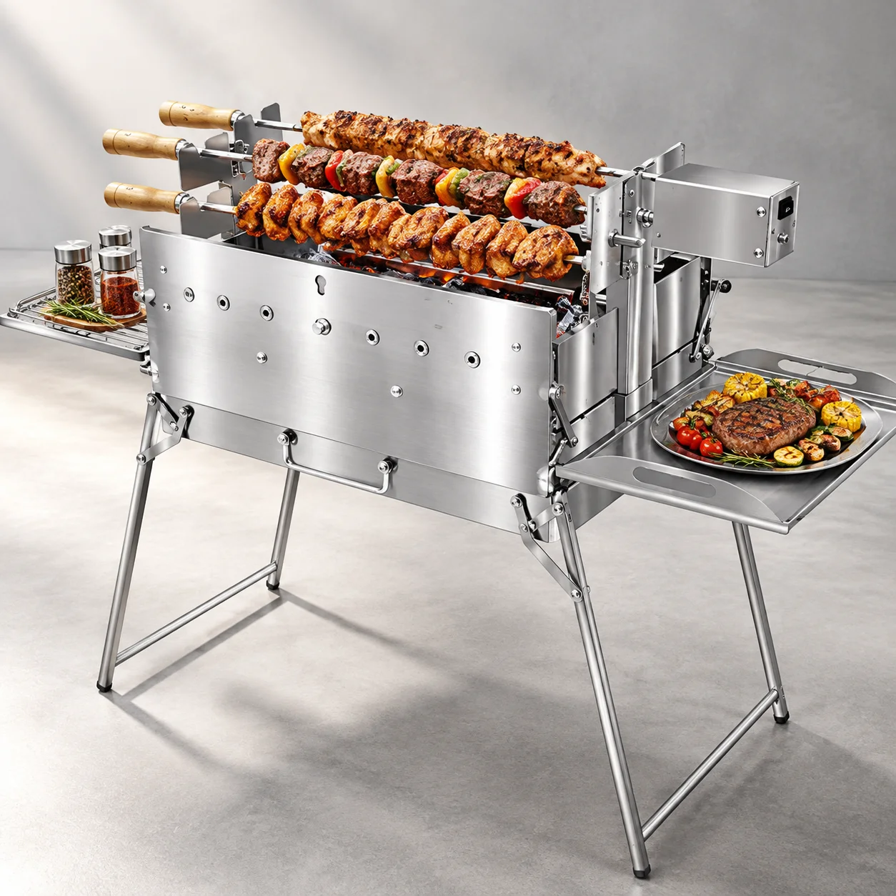 Portable Folding BBQ Grill Automatic Rotisserie Stainless Steel Charcoal Grill Rotating Skewer Rack Outdoor Camping Barbecue