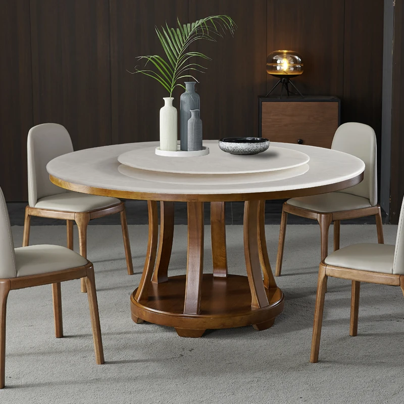 

Natural marble round dining table and chair combination turntable home modern minimalist light luxury dining table six-person wa