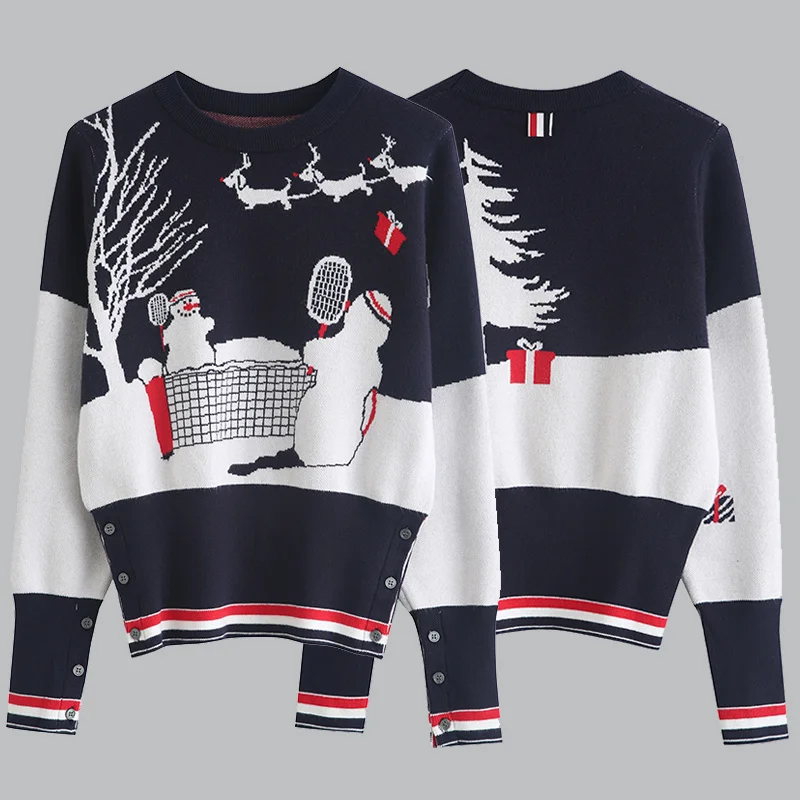 Women Knitted Sweater Fashion Long Sleeve Round Neck Pullover Santa Claus Tree Snow Jacquard Sweater Casual Jumper Christmas