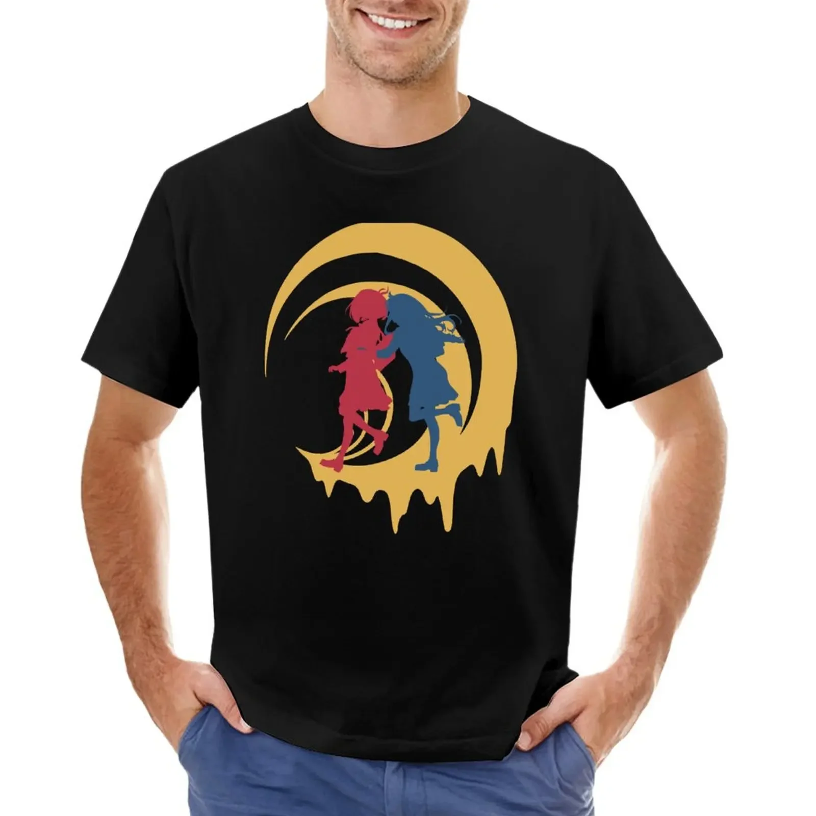 

Red and Blue Silhouette of Chisato and Takina from Lycoris Recoil anime Best couple waifu summer 2022 with yellow melted T-shirt