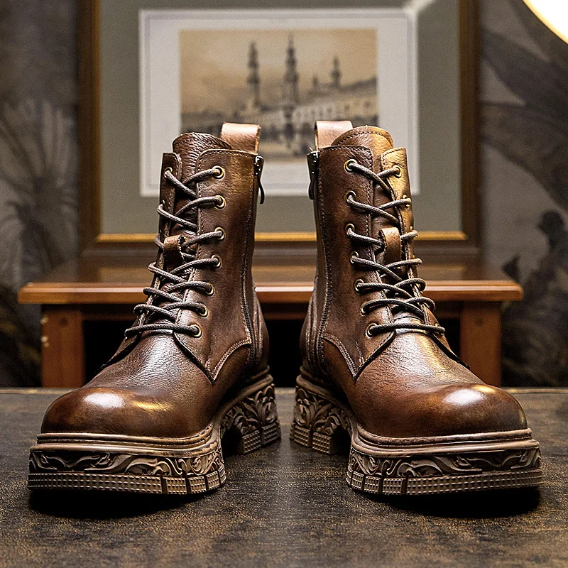 

Fashion Genuine Leather Motorcycle Boots Short Boots Men's Round Toe Lace Up Thick Sole Chelsea Boots High Quality Knight Boots