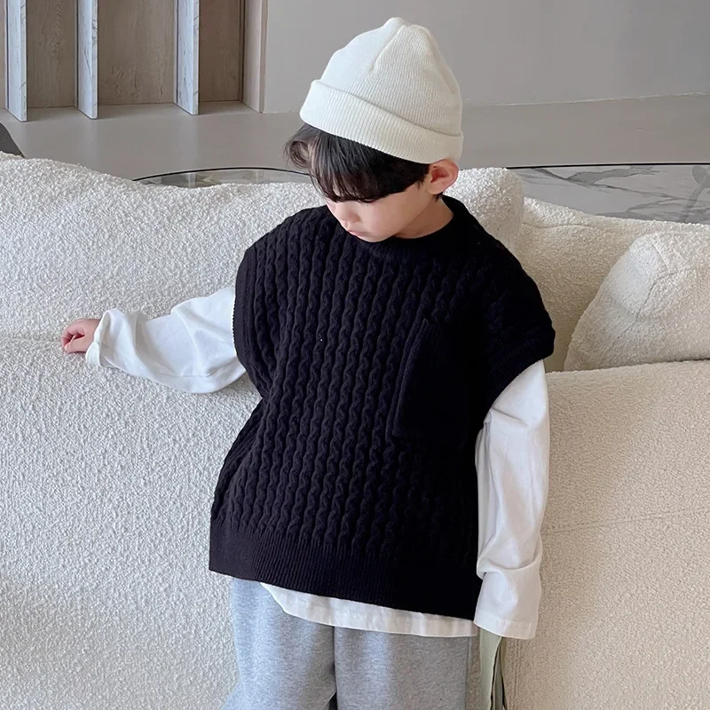 

Boys Vest Coat Top Childrens Sweater Vest 2023 New Childrens Autumn and Winter Knitted Casual Simple Vest Sweater Clothing Coat