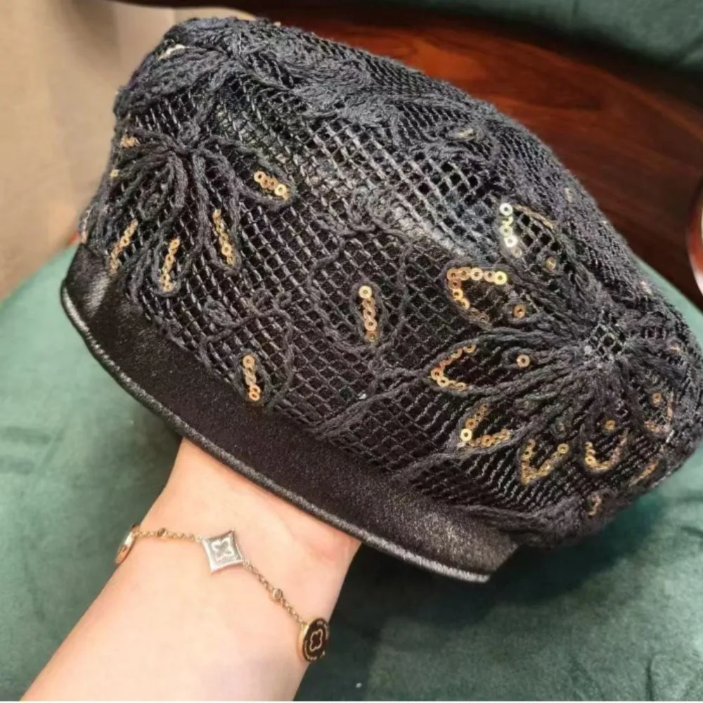 

Fashion French Hat Leather Classic Slouchy Baker Sequined Headwear Cap Mesh Beret Women Summer face-showing Little Painter 2M108