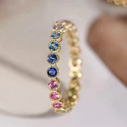 Huitan Colorful Rainbow Cubic Zircon Promise Rings for Women Gold Color Luxury Trendy Wedding Accessories Statement Girl Jewelry