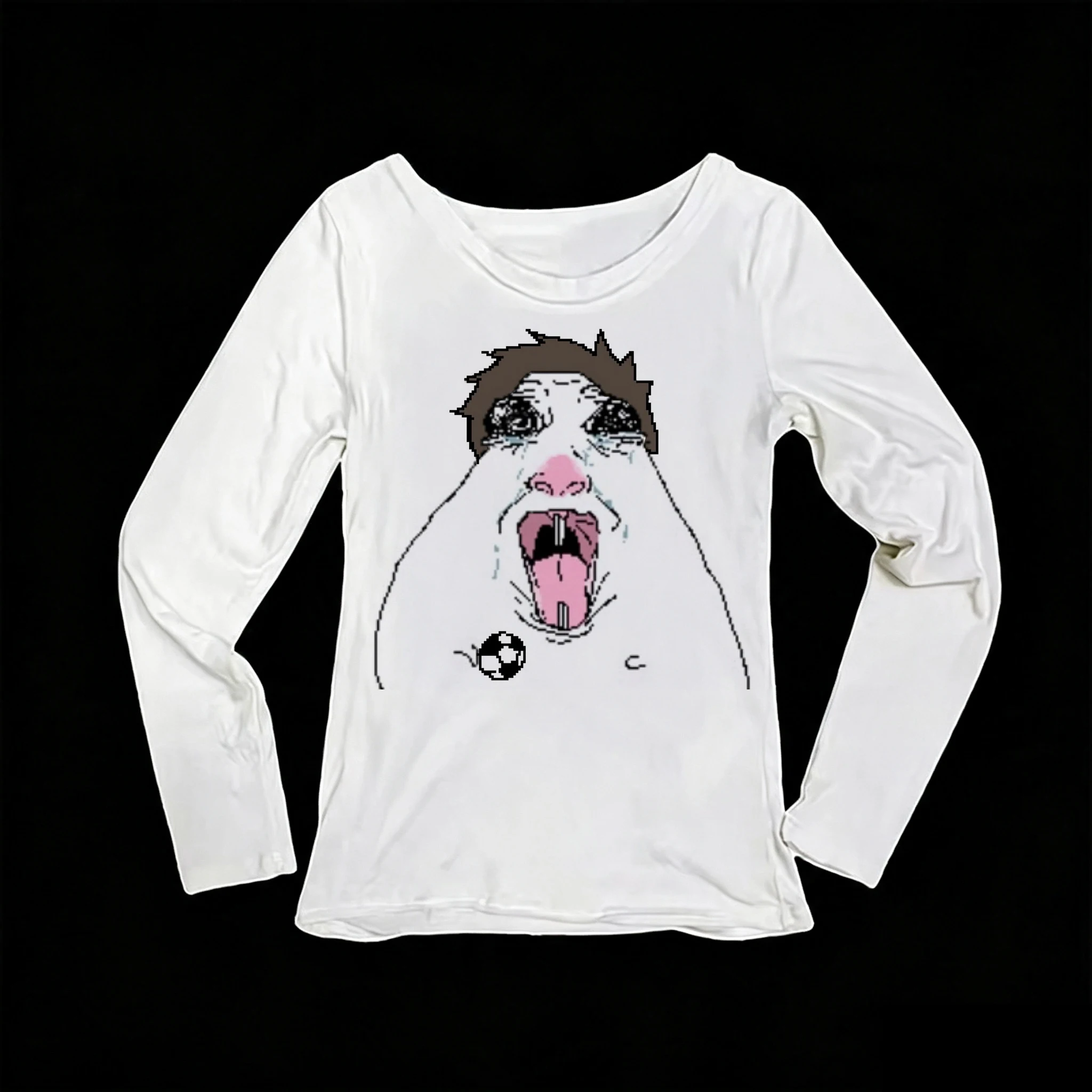 Women Long Sleeve T-shirt Funny Screaming Football Meme Print O-neck Slim Fit Tee Y2K Casual Fashion Basic Tops For Women