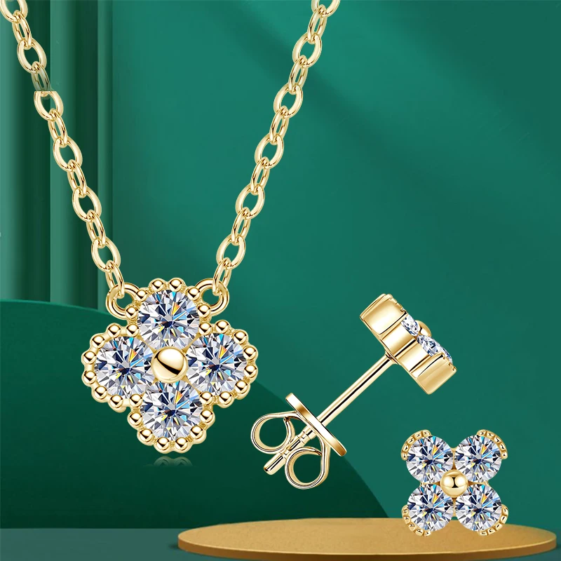 

Lnngy Certified 3mm 0.1ct Moissanite Necklace Stud Earring Bijoux Argent 925 Sterling Silver Four Leaf Flower Jewelry Set