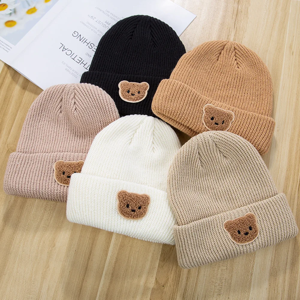 1-8Y Cartoon Bear Lable Knitted Ski Hat for Baby Winter Wool Beanie Crochet Khaki Bonnet Gorros Child Acrylic Knit Skullcap Hat