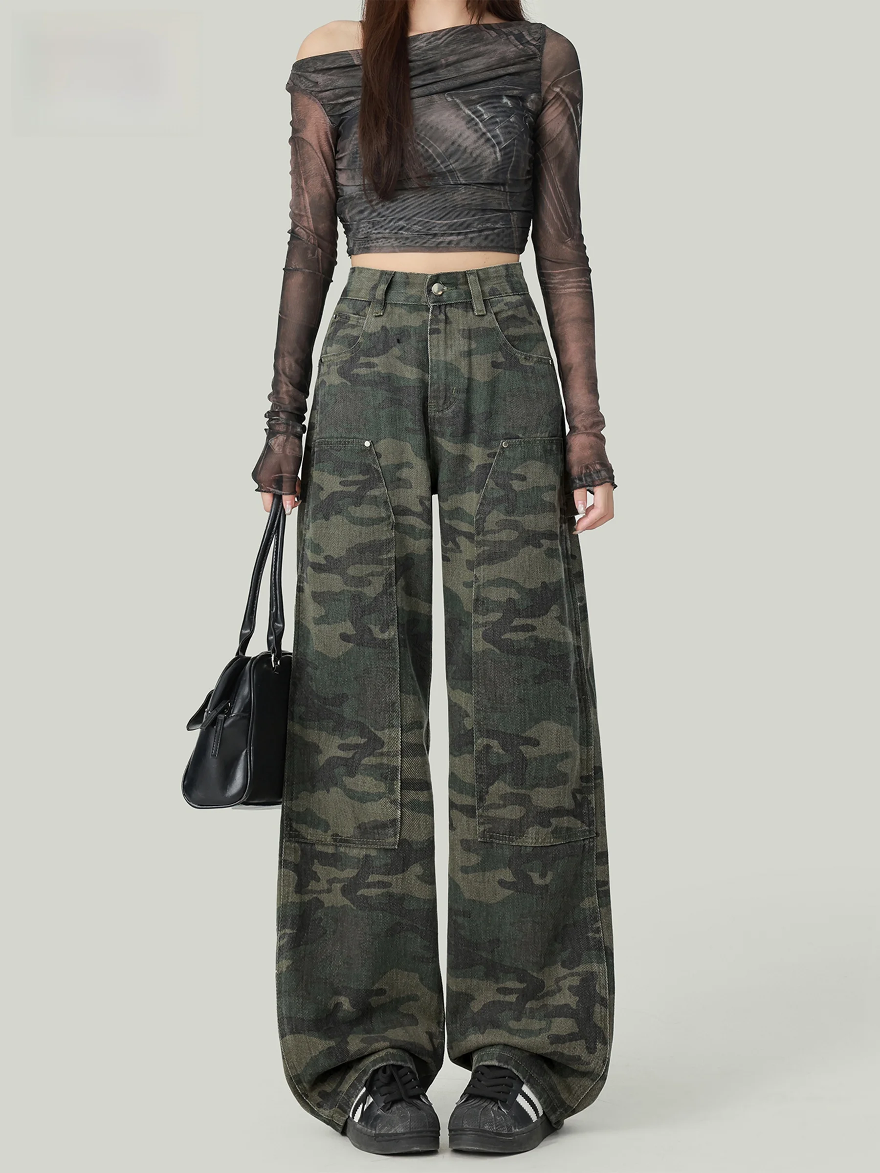 

Американские ретро-джинсы с камуфляжным принтом для женщин, с высокой талией, свободные, прямые, широкие брюки, осенняя новинка, повседневная одежда, прочные