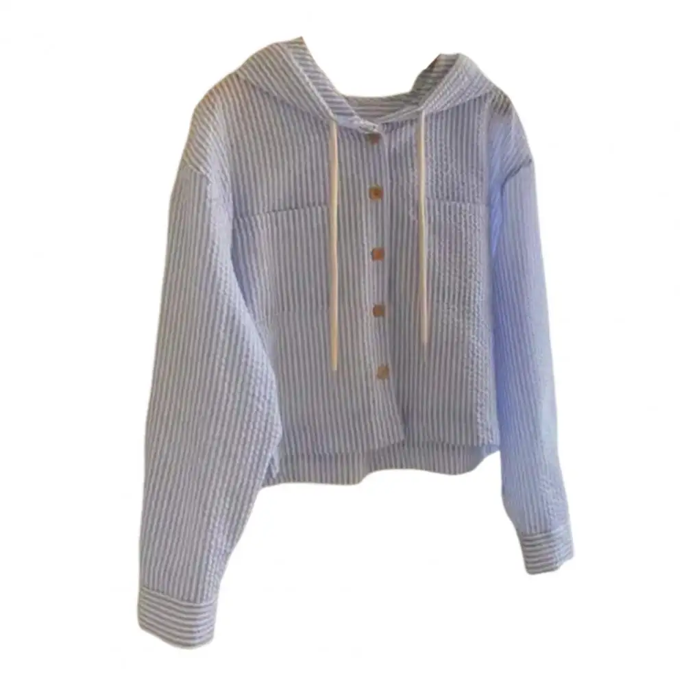 Женский кардиган с защитой от ультрафиолета для женщин, полосатая рубашка на пуговицах с капюшоном на шнурке, кардиган с длинными рукавами для женщин