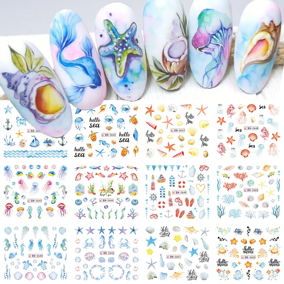 12 Designs Nail Art Sea Shell Water Stickers Colorful Conch Starfish Sliders Summer Ocean Theme Decals Nail Art Decorations images - 6