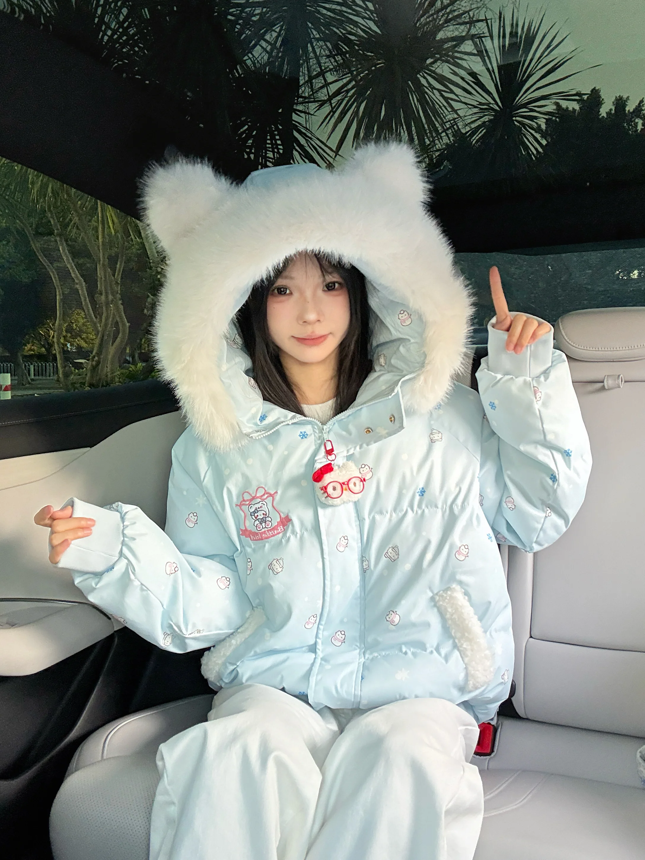 

Милое оригинальное пальто с мультяшным принтом, утепленное, с капюшоном, длинными ушками и меховым воротником, зимнее, уютное, женское, хлопковое