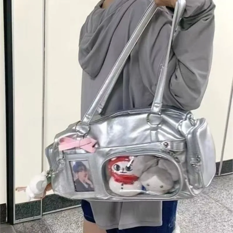 

JIAERDI Transparent Silver Itabag Women Versatile Double Sided Pocket Casual Pain Bag Girls Harajuku Aesthetic Shoulder Bags New