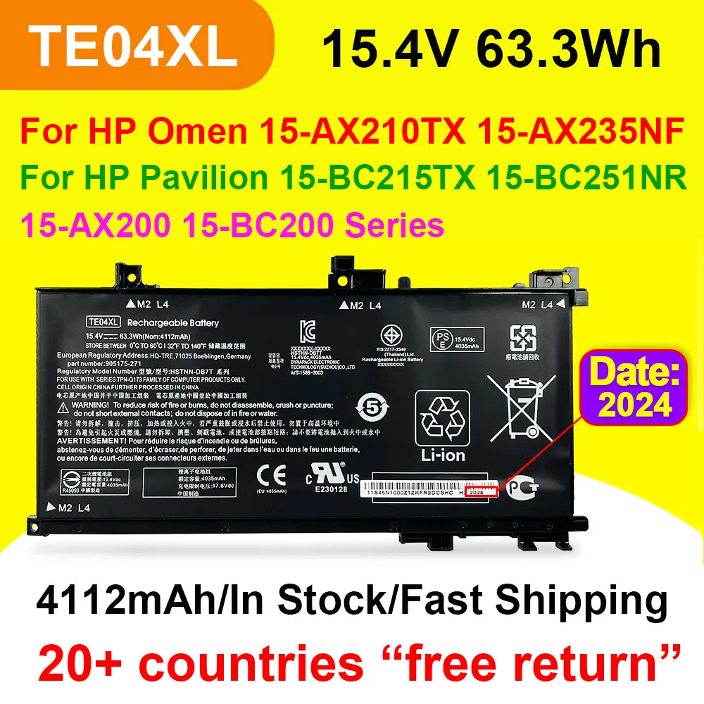 TE04XL Laptop Battery For HP Omen 15-AX200 15-AX210TX 15-AX235NF For Pavilion 15-BC200 15-BC215TX 15-BC251NR 15.4V 63.3Wh