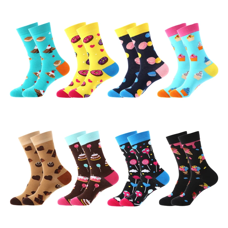 Chaussettes en pur coton pour hommes et femmes, couleurs mélangées, dessin animé, fruits, animal, gâteau, fleur, marque de mode INS, rouge net, décontracté, mode