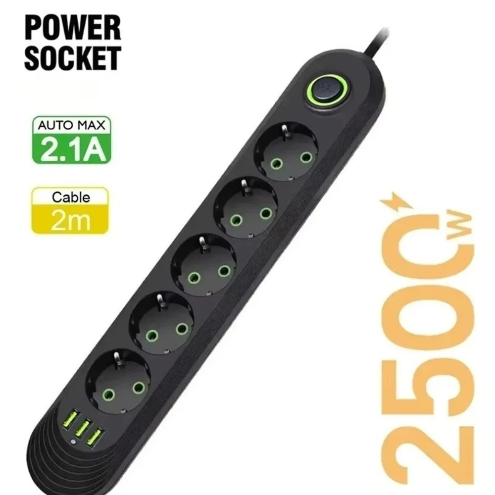 2500W Power Strip 2m Extension Cord 3 USB Ports EU Plug European Standard 2.1A Fast Charging AC Outlet Multiprise